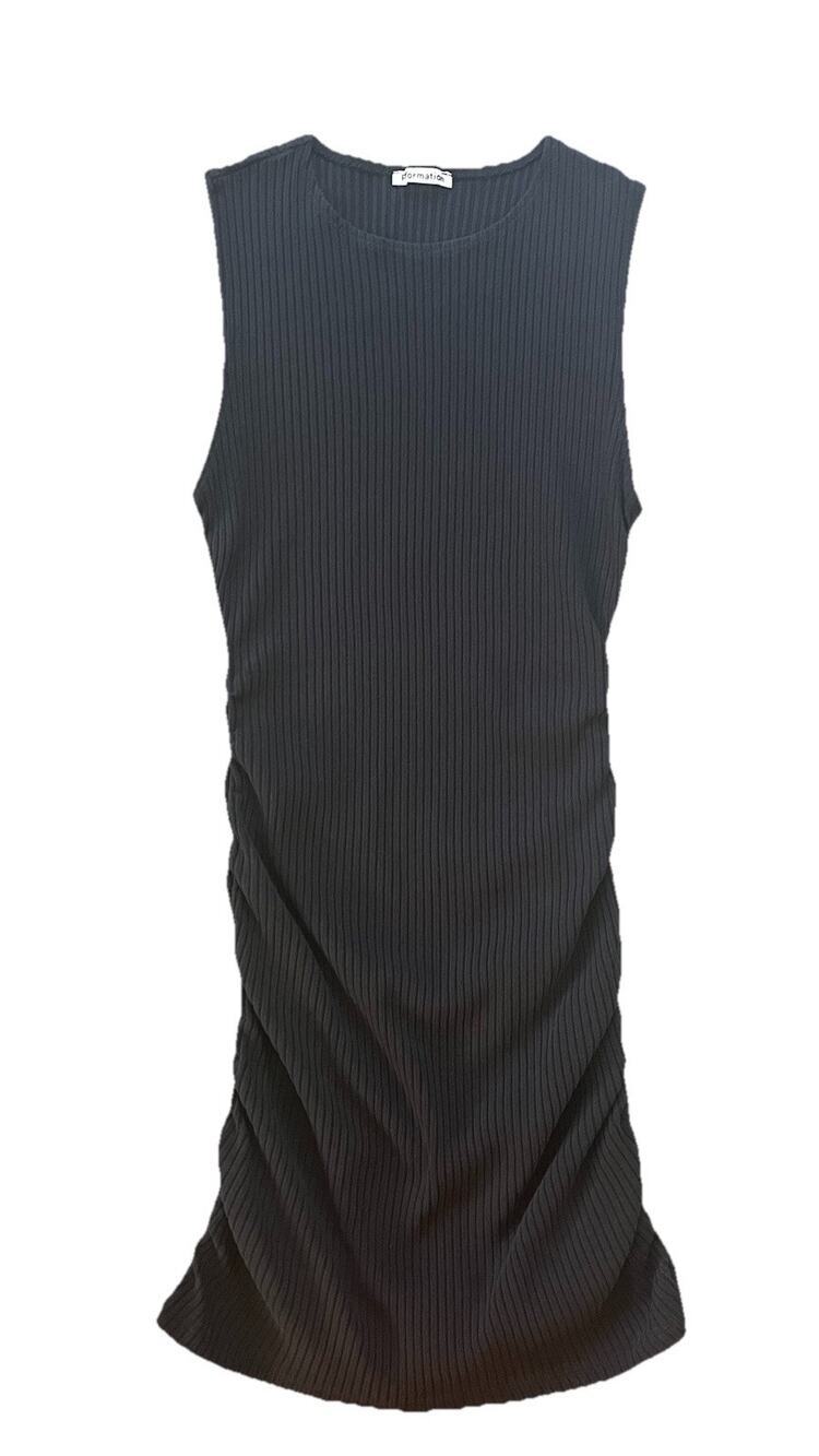 Reformation Organic Cotton Ribbed Knit Ruched Bodycon Black Mini Dress, Size M